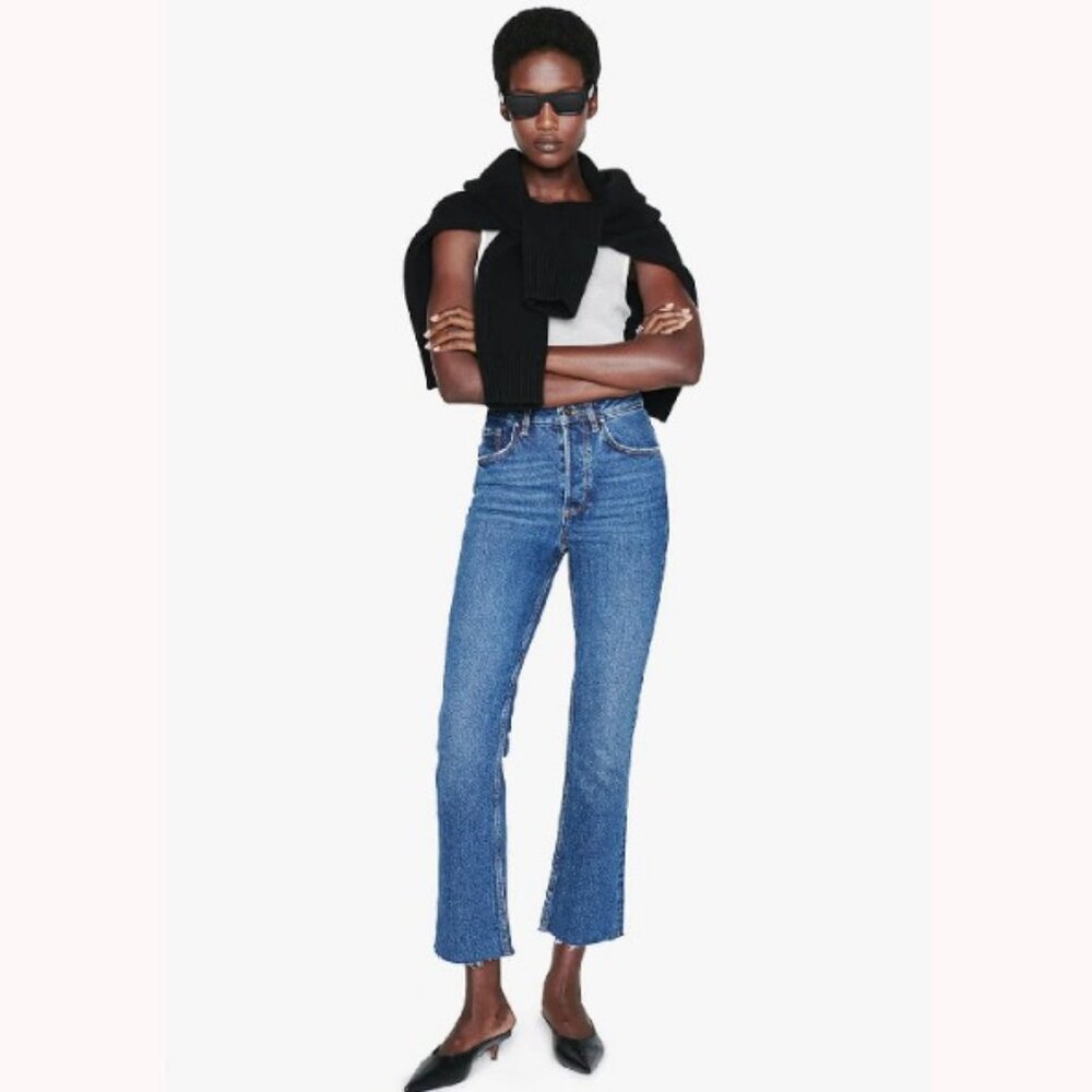 ANINE BING woman's size 31 Lara mid rise indigo raw hem ankle button fly jeans